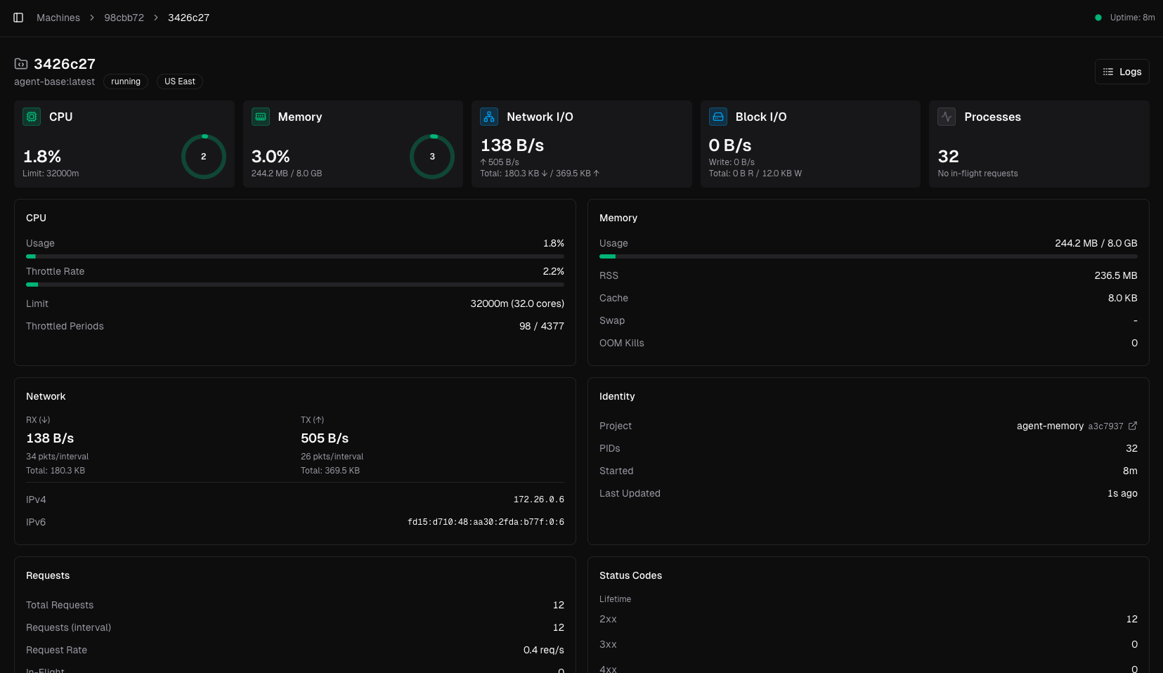 Agentuity monitoring dashboard showing agent invocations with latency, token usage, and trace details