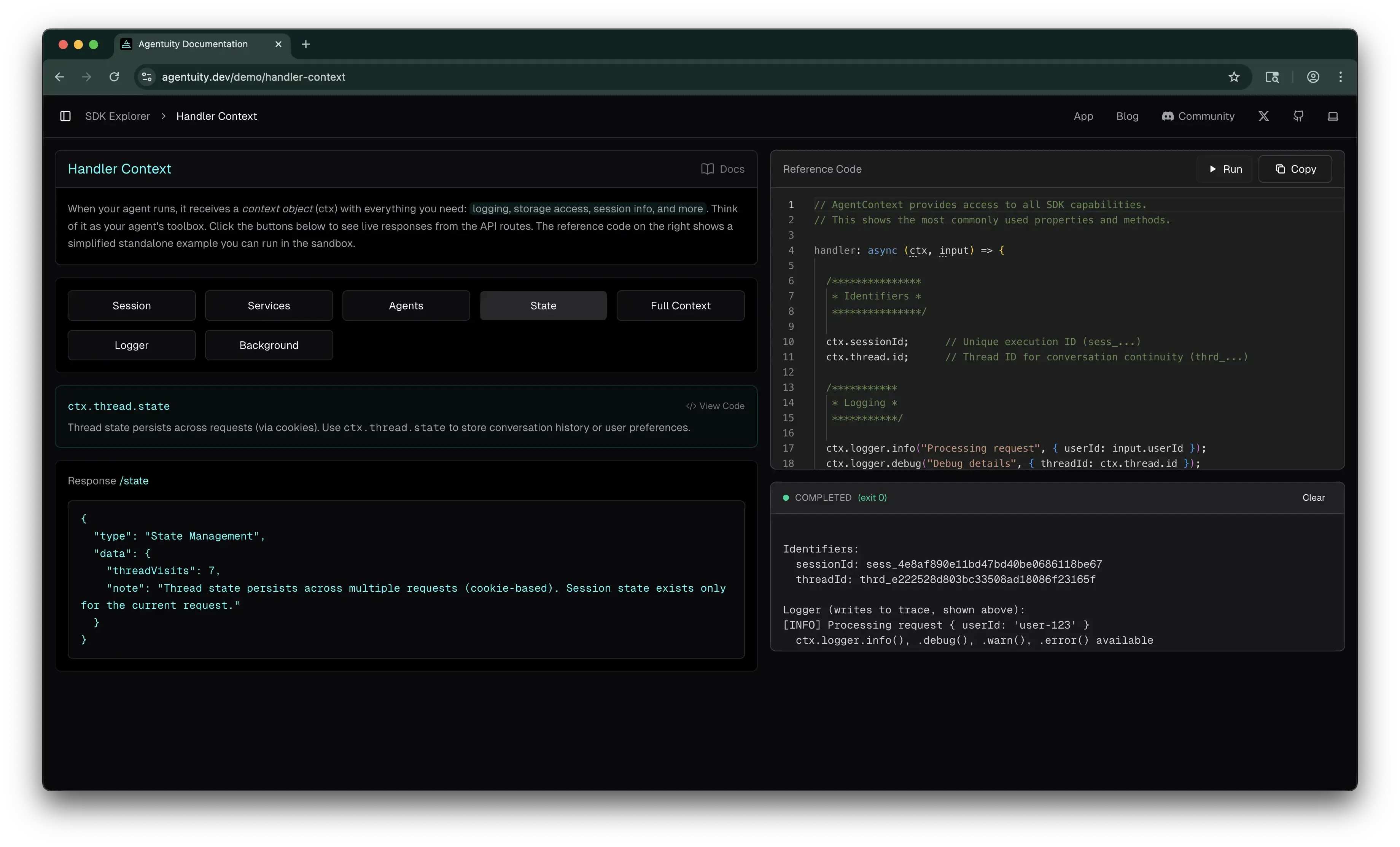 Handler Context demo in the SDK Explorer