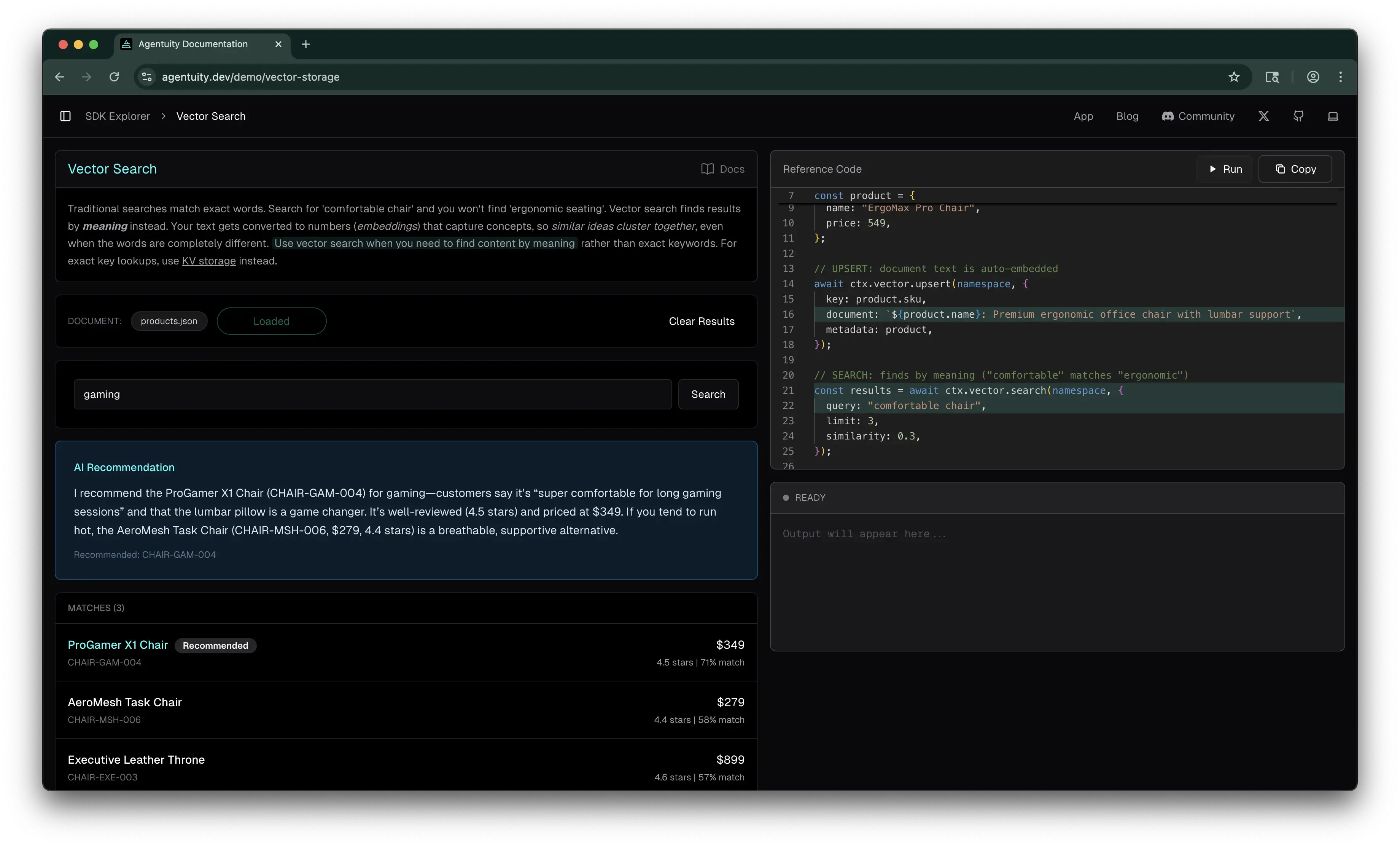 Vector Search demo in the SDK Explorer