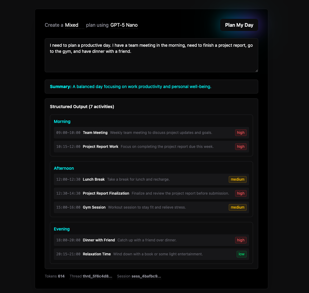 Day planner UI showing a structured plan with time blocks and prioritized activities